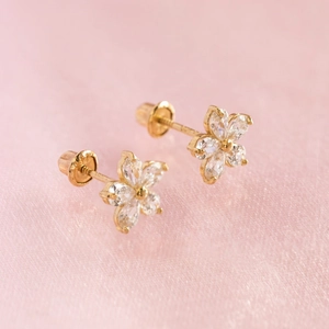 Minimalist S925 silver needle flower stud earrings with zircon and threaded screw backs