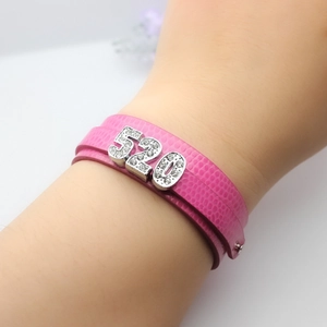Rose red double-layer leather bracelet featuring rhinestone-studded 520 charms on wrist