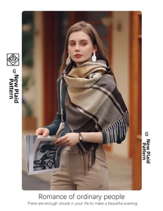 Detail of soft plaid scarf showing thick cashmere texture and delicate fringe edges