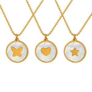Elegant gold titanium steel necklace featuring white shell pendants in heart and star shapes