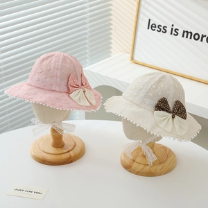 Baby Girl Lace Bucket Hat With Bow Polka Dot Sun Protection Fisherman Hat For Spring Summer Kids Princess Wide Brim Sun Hat With Chin Strap