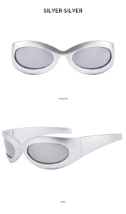 Close-up of silver Y2K cyberpunk sunglasses showing front and side metallic frame views