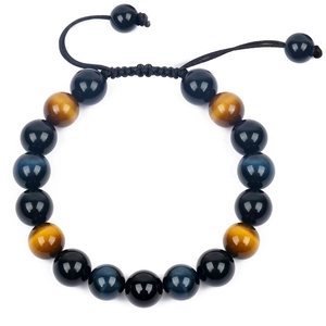 Close-up of 10mm tiger eye beads and black onyx on a hand-woven adjustable cord