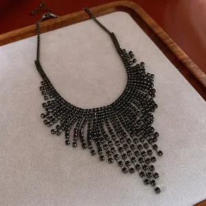 Luxury rhinestone tassel fringe necklace with dark grey crystal layers for evening wear