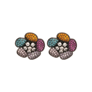 Sparkling silver stud earrings featuring colorful zircon flower petals in black metal finish