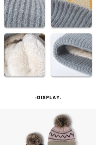 Detail of winter knit hat featuring warm fleece lining and a fluffy faux fur pom-pom