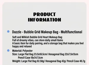 Detailed size specifications for holographic quilted polyester makeup bag collection