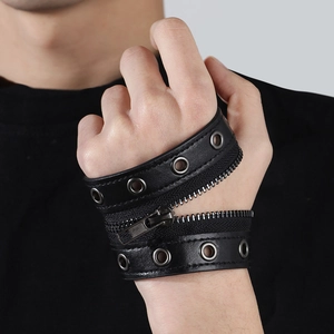 Breites Lederarmband im Punk-Stil mit silbernem Reißverschluss und Metallösen für Damen