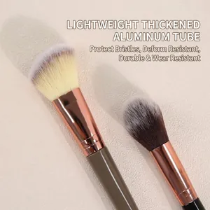 Dual-ended contour and blush makeup brush with rose gold ferrule and soft fiber bristles
