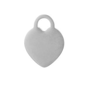 Close-up of polished silver heart-shaped stainless steel charm with pre-drilled hole
