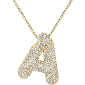 Golden necklace with cubic zirconia letter A pendant and matching box chain for women