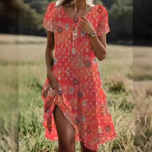Sommerliches orangerotes A-Linien-Midikleid mit Ethno-Muster und Rundhalsausschnitt
