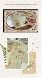 Detail of vintage white kraft paper for journaling featuring lace patterns and retro illustrations