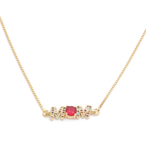 Exquisite gold MOM pendant necklace with a red center stone and multicolor zircon stones