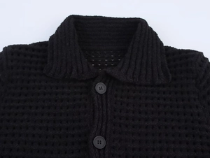 Dettaglio ravvicinato della maglia spessa nera con bottoni sullo scollo del cardigan