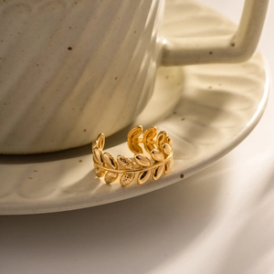Olive Leaf Branch Open Ring Stainless Steel Gold Plated Adjustable Nature Inspired Elegant Jewelry For Women