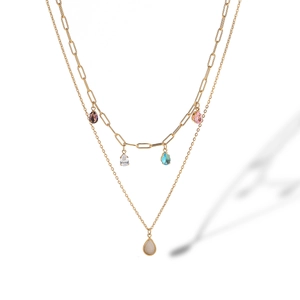 Detail of double-layer gold necklace with colorful teardrop pendants and paperclip chain