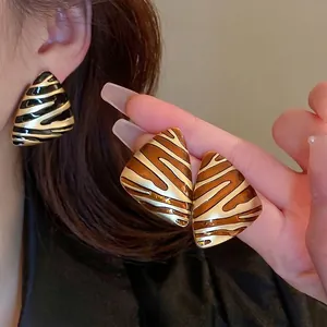Geometric Triangle Alloy Earrings With 925 Sterling Silver Earring Post Zebra Enamel Vintage Style For Women