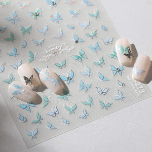 Holographic butterfly nail stickers with laser glitter and 3D metal butterfly charms