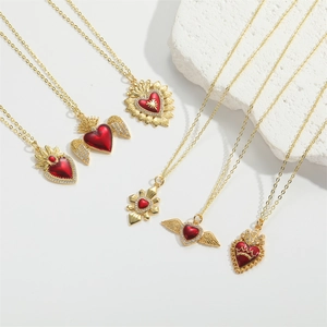 Vintage gold angel heart pendant necklace set with red enamel and crystals