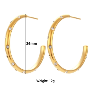 316L stainless steel 18K gold plated C-hoop earrings with small round zircons 36mm