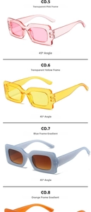 Detail view of colorful jelly-tone rectangle sunglasses in pink, yellow, blue, and orange