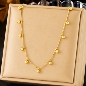 Stainless Steel Necklace With Small Round Beads Gold Plated Ball Pendant Minimalist Retro Style Jewelry For Women