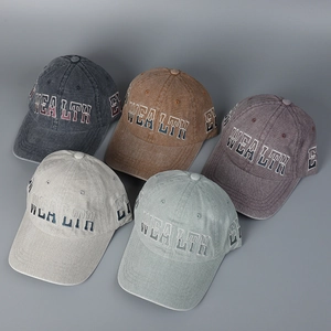Detailed top view of five washed baseball caps with premium WEALTH 3D embroidery detail
