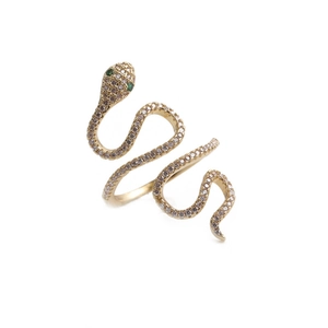 Adjustable gold snake ring with sparkling cubic zirconia and green gemstone eyes