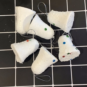 Set of 6 white foam Christmas bell ornaments with silver glitter and colorful accents