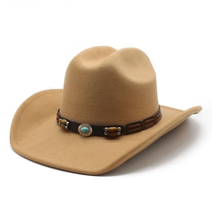 Detail of khaki cowboy hat with a leather band featuring turquoise and wooden beads