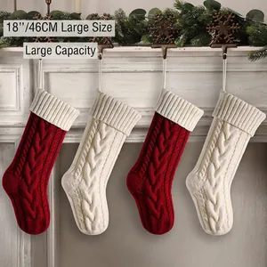 Set of 4 large 18-inch cable knit Christmas stockings in red and cream for holiday decor