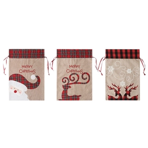 Three-piece set of burlap Christmas gift bags with Santa and reindeer drawstring designs