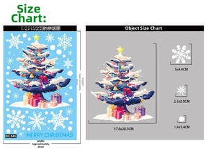 Detailed dimension guide for Christmas tree window stickers with snowflakes and gift boxes