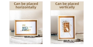 Detail view of wood grain photo frame showing horizontal and vertical display options