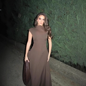 Sleeveless Maxi Dress Elegant Half Turtleneck Pleated Polyester Solid Color With Metal Buckle Detail For Women Fashion