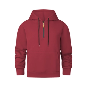 Men's wine red hoodie with half-zip, kangaroo pocket, and adjustable drawstrings
