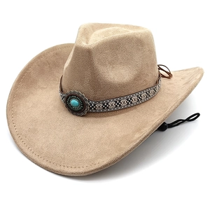 Western cowboy hat in beige faux suede with ethnic turquoise band and chin strap