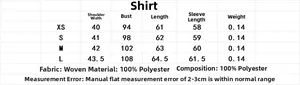 Size chart for women's elegant ruffle chiffon long sleeve blouse with detailed measurements