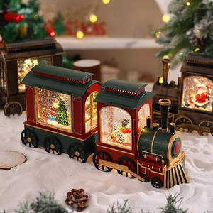 Christmas musical snow globe train featuring Santa and LED lights on a snowy background