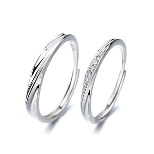S925 sterling silver couple rings set with minimalist ripples and zircon accents