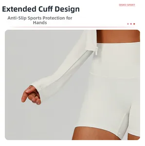 Detail of white ribbed yoga jacket featuring extended anti-slip cuffs for hand protection