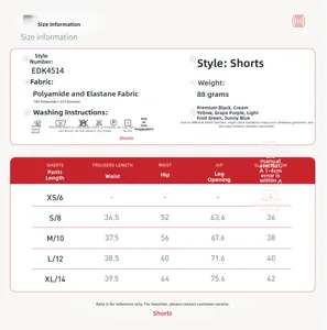 Tabella taglie pantaloncini da yoga senza cuciture con dettagli su tessuto e colori vari