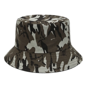 Detailed view of camouflage fisherman hat with multi-row stitching on the wide brim