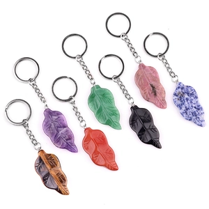 Leaf shaped crystal agate gemstone keychains in various colors with metal rings