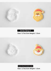 Detail of Santa Claus cookie mold set with dimensions for holiday baking tools