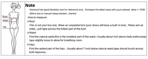 Size chart for women's bikini set with detailed bust, waist and hip measurement guides