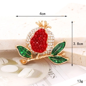 Golden pomegranate brooch with red rhinestones, size 4x3.8cm, elegant fruit accessory