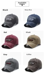 Detailed grid of vintage washed cotton baseball caps with classic 3D embroidery detail