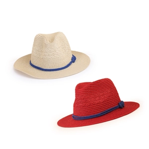 Straw fedora hats in beige and red with blue rope trim for summer sun protection